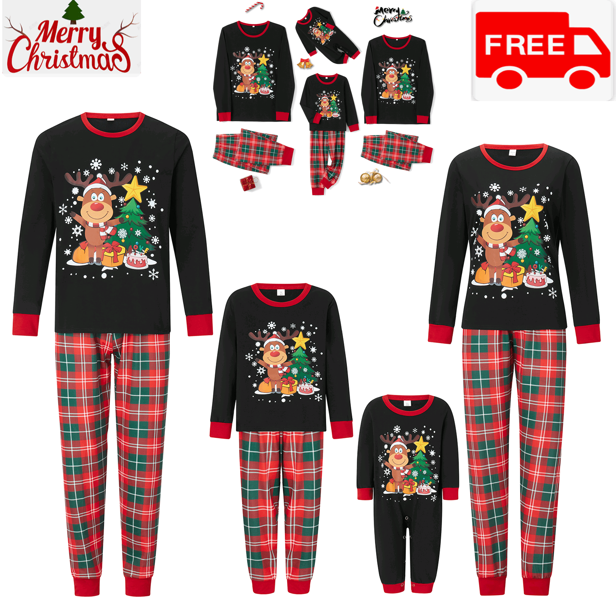 Family Christmas Pajamas Fawn Christmas Tree Red Pajama Set