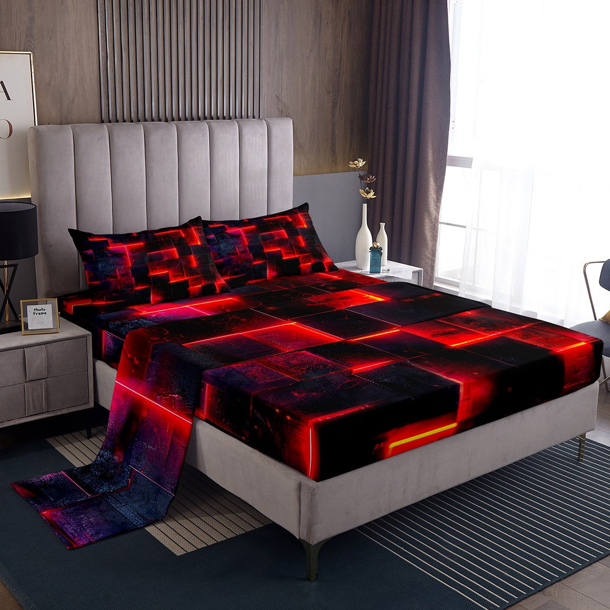 Red and Black Bed Set 3D Glowing Buffalo Bed Sheets Set, Modern