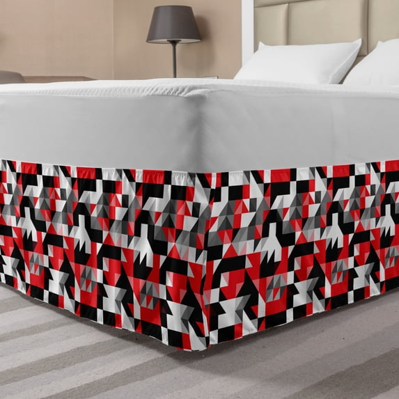 Red and Black Bed Skirt, Abstract Geometric Half Triangles Squares Maze Inspired Image, Elastic Bedskirt Dust Ruffle Wrap Around for Bedding Decor, 4 Sizes, Charcoal Grey and White, by Ambesonne