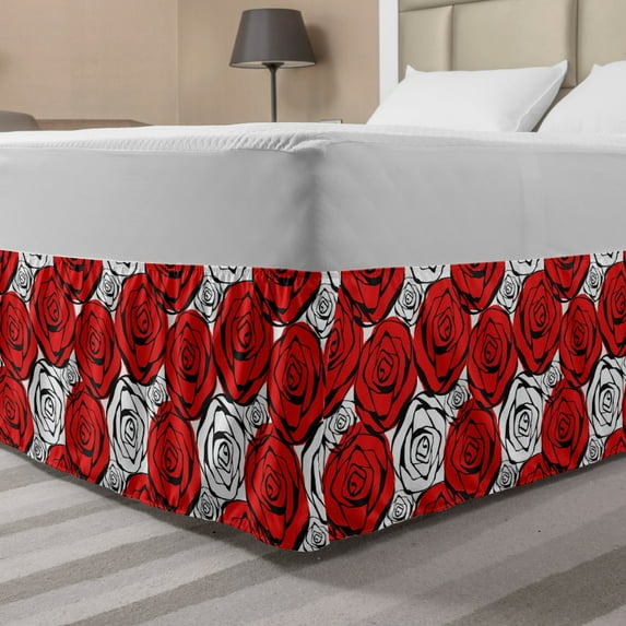 Red and Black Bed Skirt, Roses with Black Contours in Retro Style Feminine Nature Inspired, Elastic Bedskirt Dust Ruffle Wrap Around for Bedding Decor, 4 Sizes, Scarlet Black White, by Ambesonne