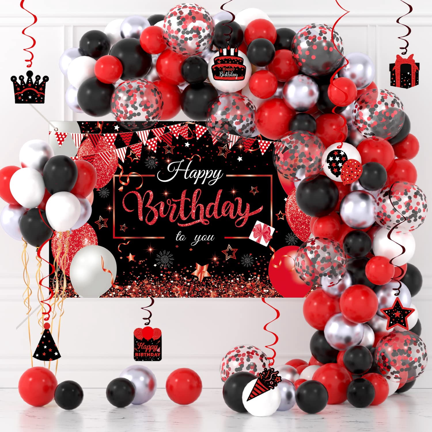 Red and Black Birthday Decorations Red Black White Silver Balloons Arch