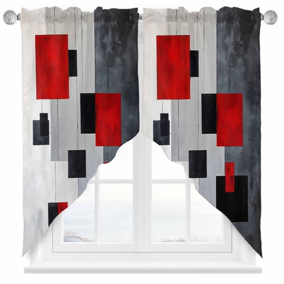 Red Black Block Swag Curtain Valance for Windows, Geometric Abstract Window Treatments Short Swag Topper for Kitchen Windows Bathroom Bedroom, 36"x45"