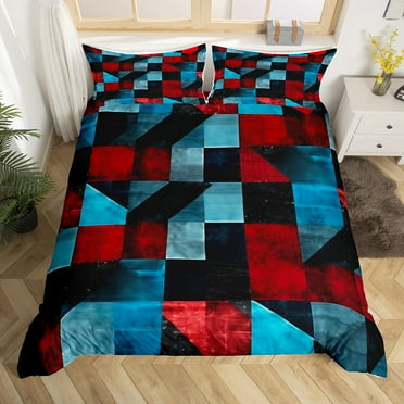 Red Black Blue Bedding Set,Geometric Abstract Aesthetic Duvet Cover Room Decor,Retro Grunge Colorful Bed Set Geometry Duvet Cover 2Pcs（No Comforter）
