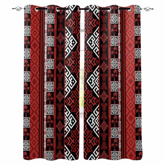 Red Black Boho Blackout Curtains for Bedroom, Thermal Insulated Window Treatment, Geometric Vintage Abstract Art Grommet Top Blackout Draperies and Drapes for Basement 27.5"x39" 2 Panels