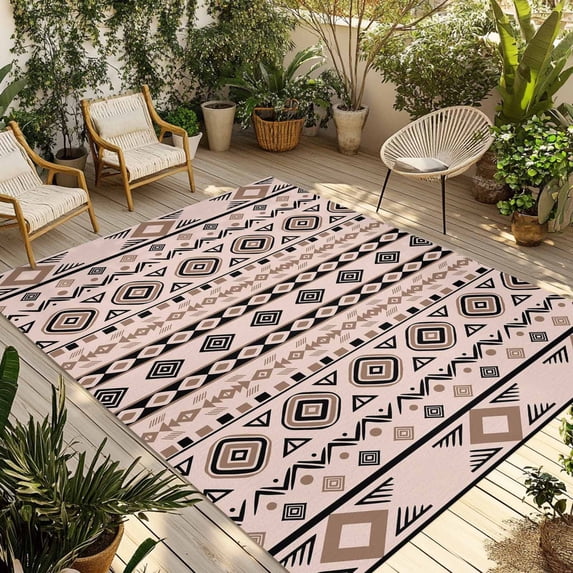 Red Black Boho Outdoor Rug 4x6 Ft - Reversible Patio Rug Outdoor Camping Rugs, Vintage Ethnic Tribe Abstract Art Washable Indoor Outdoor Area Rugs, Non-Slip Outdoor Carpet Runner for Deck/Porch