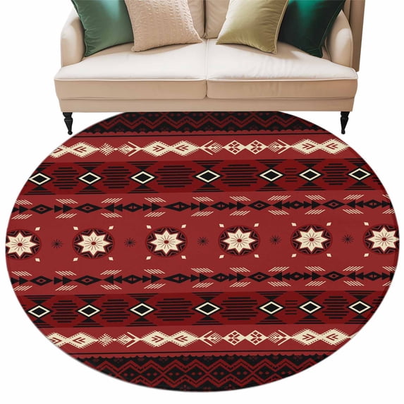 Red Black Boho Round Area Rugs Collection 8', Vintage Ethnic Tribe Abstract Art Retro Non Slip Indoor Circular Throw Runner Rug Floor Mat Carpet for Living Room Dining Table Bedroom Nursery