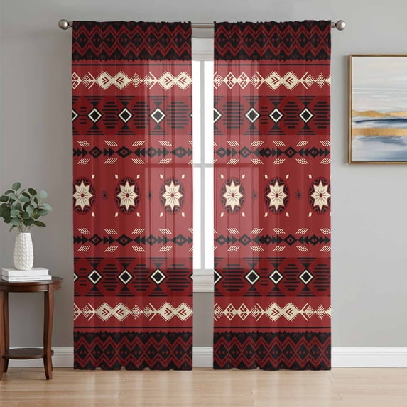 Red Black Boho Sheer Curtains 72 Inch Length 2 Panels for Living Room, Vintage Ethnic Tribe Abstract Art Retro Voile Kitchen Curtain Set, Luxury Privacy Drapes Window Treatment for Bedroom