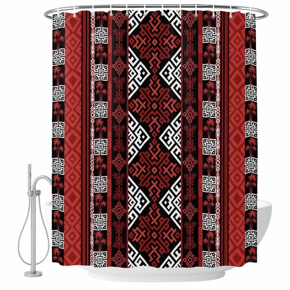 Red Black Boho Shower Curtain Set - Extra Long 72" x 96" Washable Bathtub Curtain with 12 Hooks, Geometric Vintage Abstract Art Waterproof Fabric Stall Shower Curtains for Bathroom/Bathtub Décor