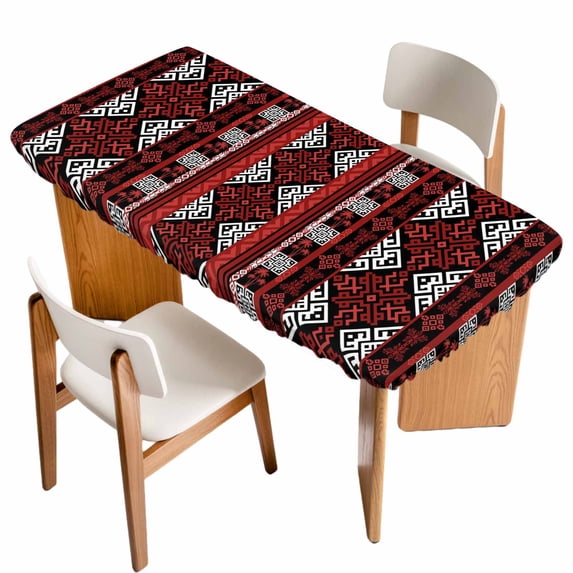 Red Black Boho Table Cloths for 3 Foot Rectangle Tables, Geometric Vintage Abstract Art Patio Waterproof Elastic Fitted Tablecloths, Washable Rectangular Table Cover for Camping