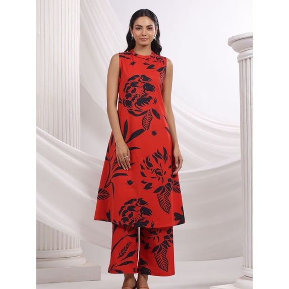 Red & Black Bold Floral Beaded Ethnic Kurta Pant Set