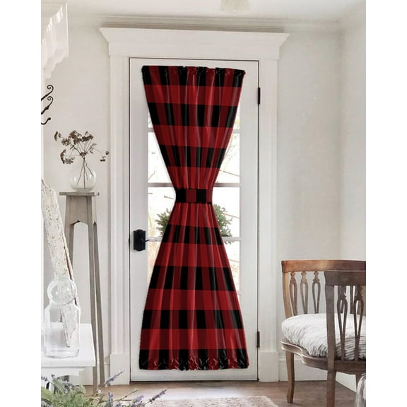 Red Black Buffalo Check Blackout Curtains, French Door Curtains for Door Window, Rustic Modern Art Green Plaid Privacy Drapery for Patio/Sidelight Doors, 1 Panel with Tieback, 25 x 72 Inches