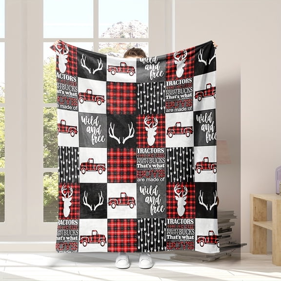 Red Black Buffalo Check Flannel Throw Blanket | Print Farmhouse Deer Tractor Farm Equipment Truck Fuzz Blanket | Suitable For Boys Girls Bohemian Arrowhead Room Decoration For Christmas Presents