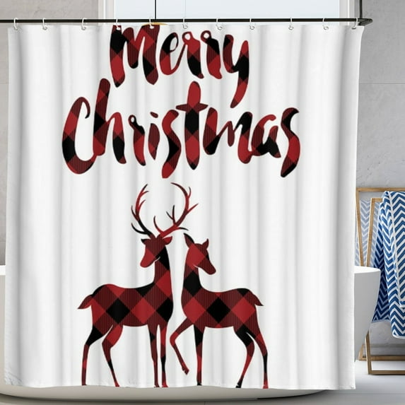 Red Black Buffalo Check Plaid Christmas Reindeer Merry Christmas Waterproof Fabric Bathroom White Shower Curtain 72"x72"