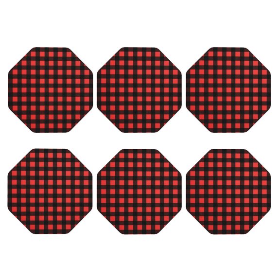 Red Black Buffalo Check Plaid Pattern Leather Drink Coasters for Drinks (6 Pack) for Tabletop Protection Octagon