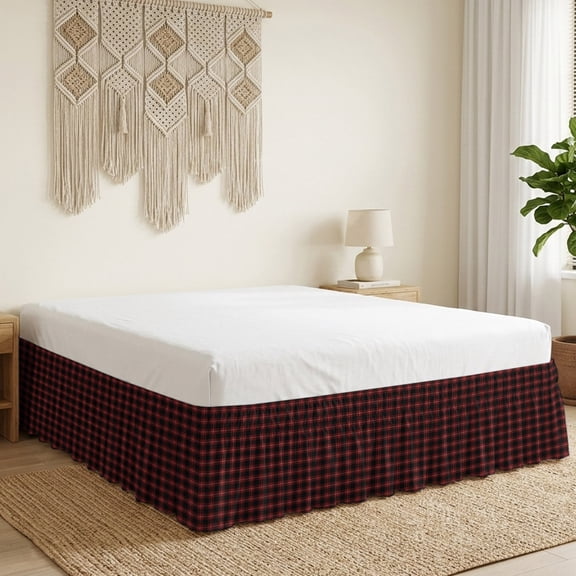Red Black Buffalo Plaid Bed Skirt 18 Inch Drop, Country Rustic Classic Farmhouse Checkered Grids Wrap Around Dust Ruffle Bedskirt with Adjustable Elastic Belt for California King Size Beds