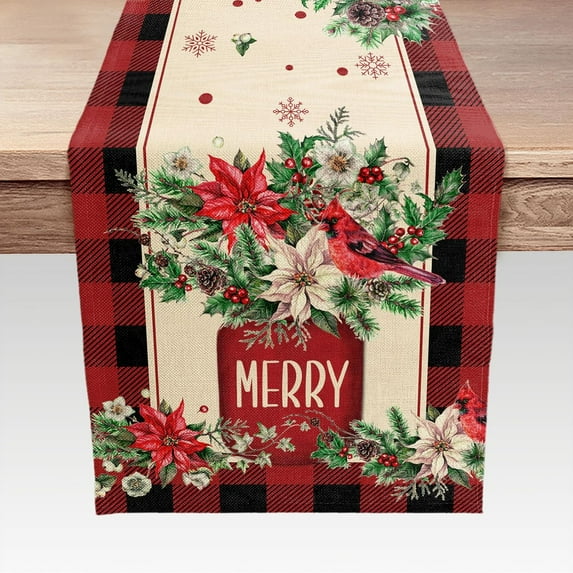 Red and Black Buffalo Plaid Cardinal Floral Christmas Table Runner, Seasonal Winter Holiday Kitchen Dining Table Decoration for Indoor Outdoor Home Party Decor 13 x 48 Inches