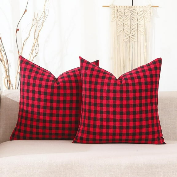 Red and Black Buffalo Plaid Christmas Throw Pillow Covers 20x20 Set of 2, 20 x 20 Red Couch Pillows, Red Black Winter Outdoor Farmhouse Plaid Pillows (No Pillow Inserts)