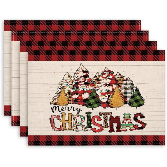 Red and Black Buffalo Plaid Christmas Tree Placemats Set of 4, 12x 18 Inch Holiday Winter Farmhouse Rustic Place Mats Xmas Linen Dining Table Mats for Christmas Party Kitchen Dining Decoration