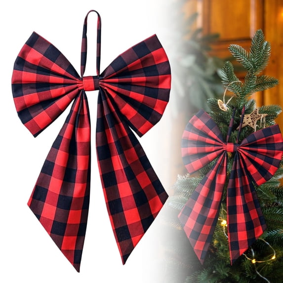 Red and Black Buffalo Plaid Christmas Tree Topper Bow, 9.8 x 7.1 Inch Large Christmas Bow with Hanging Loop, Holiday Christmas Decorations for Tree Wreath Door and Party Decor