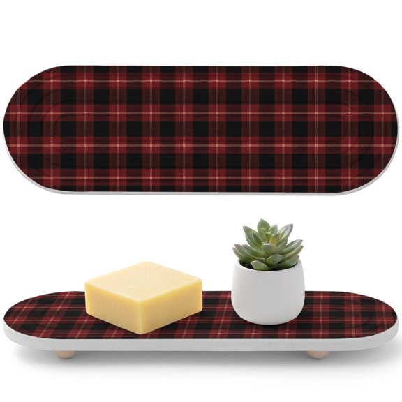 Red Black Buffalo Plaid Diatomaceous Earth Coasters, Country Rustic Classic Farmhouse Checkered Grids Water Absorbent Diatomite Coaster, Bathroom Tray Stone Dish Drying Mat Kitchen Sink Tray 12x4in
