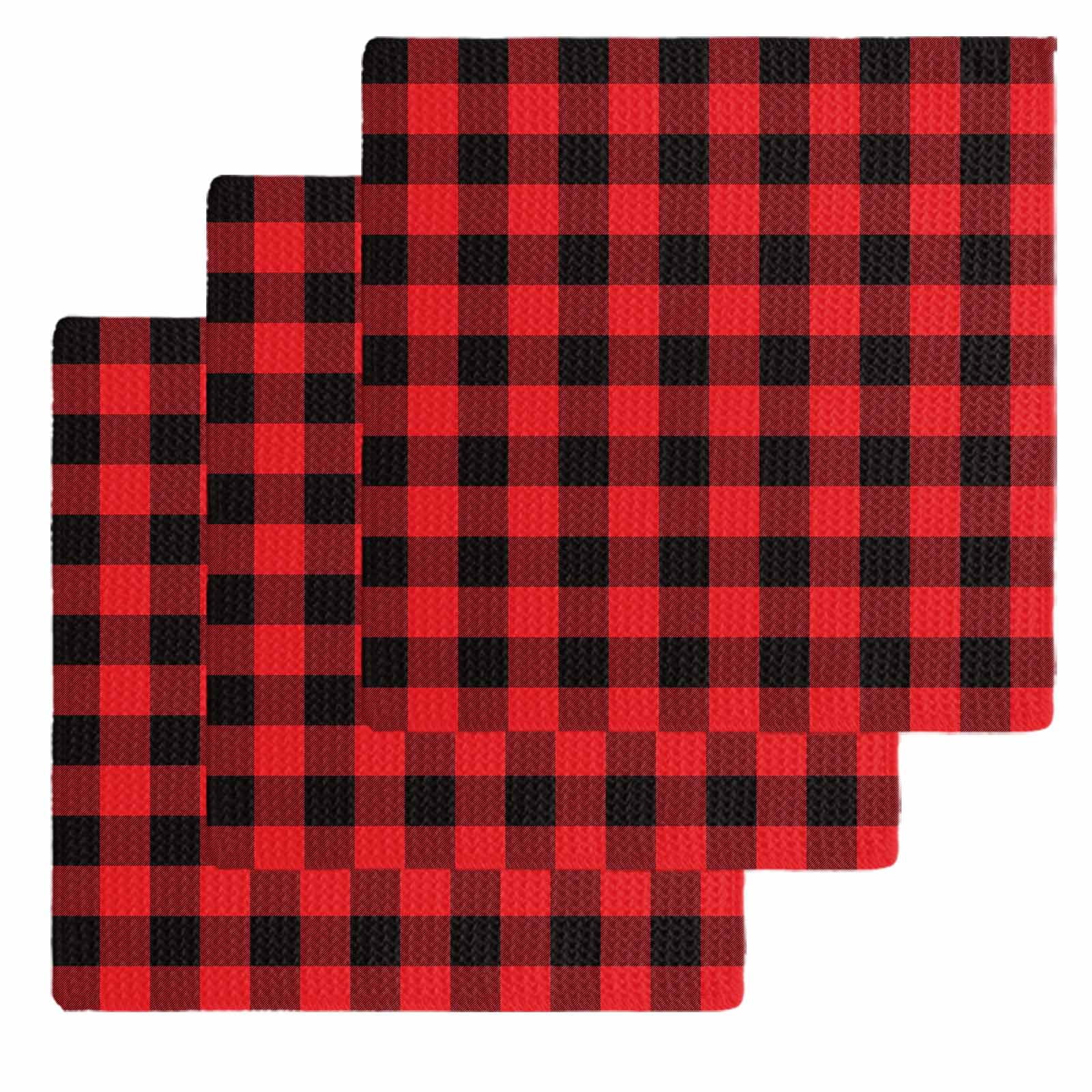 Red Black Buffalo Plaid Dish Towels Set, Waffle Weave Kitchen Towels 3 Pieces, Black Red Checkered Microfiber Hair Face Bath Tea Towel Absorbent Quick Drying Cleaning Dish Cloths, 12"x12"