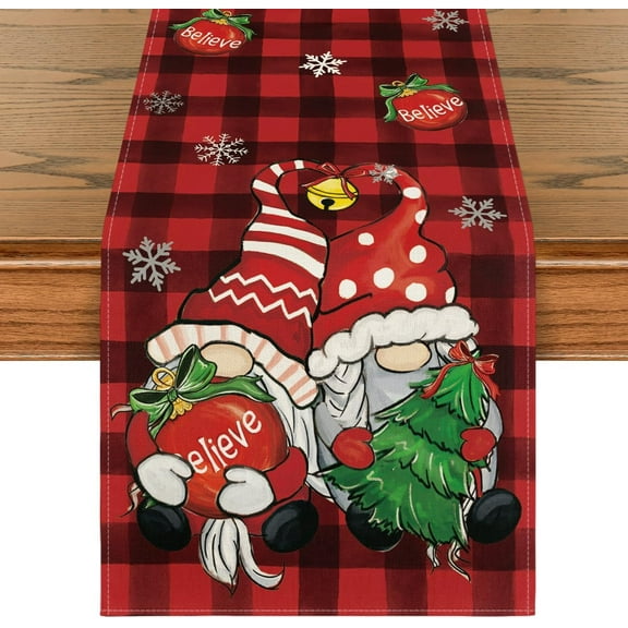 Red and Black Buffalo Plaid Gnome Believe Snowflakes Christmas Table Runner, Seasonal Winter Holiday Kitchen Dining Table Decoration for Home Party Decor 13x48 Inch