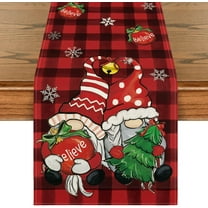 Red and Black Buffalo Plaid Gnome Believe Snowflakes Christmas Table Runner, Seasonal Winter Holiday Kitchen Dining Table Decoration for Home Party Decor 13x72 Inch