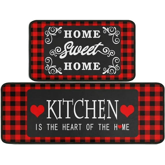 Red and Black Buffalo Plaid Kitchen Mat Set of 2, Non Slip Washable Home Decor Kitchen Rugs and Mats for Floor Comfort Standing Mats for Kitchen, Sink, Office, Laundry 17"x47"+17"x30"