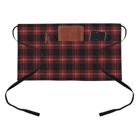 Red Black Buffalo Plaid Kitchen Restaurant Half Waist Apron, Country Rustic Classic Farmhouse Checkered Grids Server Short Apron with 3 Pockets Waterproof Oil Waist Aprons for Women Waitress Waiter