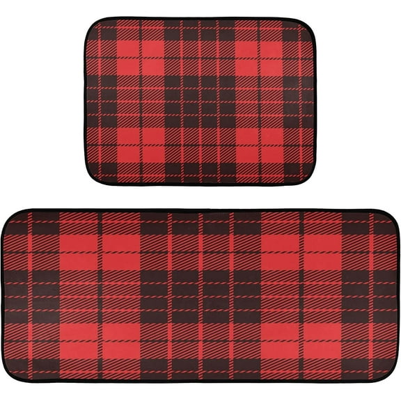 Red Black Buffalo Plaid Kitchen Rugs Mats 2 Piece Set, Non Slip Rubber Runner Rug Kitchen Sink Floor Mat for Kitchen Laundry Room Hallway Office