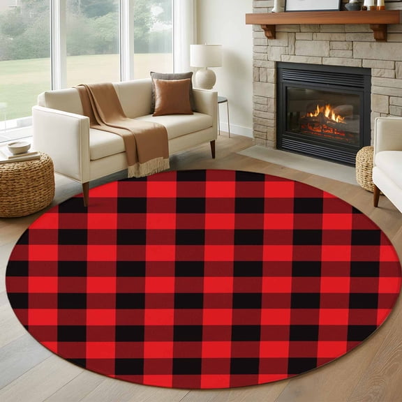 Red Black Buffalo Plaid Large Round Rug 8 FT, Non Slip Living Room Area Carpet, Black Red Checkered Washable Soft Circle Rug Non-Shedding Floor Carpet for Bedroom Office Dining Room