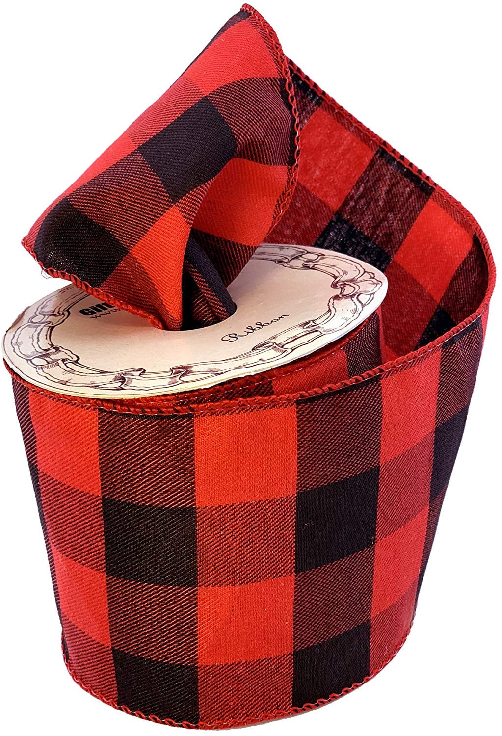 GIFTWRAP ETC. Red Black Buffalo Plaid Ribbon - 4" x 10 Yards, Wired Edge, Valentine's Day, Christmas Tree Ribbon, Checkered, Wreath, Fall