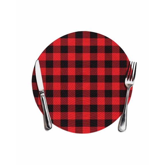 Red Black Buffalo Plaid Round Placemats for Dinning Tables, Heat-proof Braided Table Mats 13 Inch, Black Red Checkered Washable Place Mat for Kitchen Restaurant Party Decor Supplies Table Setting