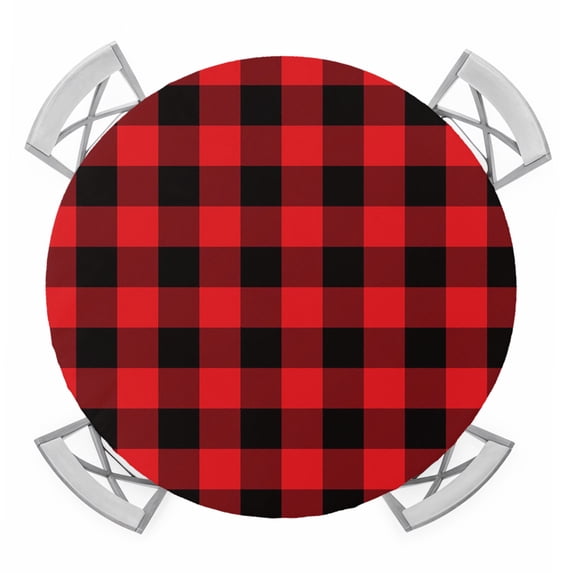 Red Black Buffalo Plaid Round Tablecloth for 36-44 Inch Tables, Fitted Table Cover with Elastic Edge, Black Red Checkered Waterproof Outdoor Table Cloth Protector for Patio Garden Dinner Picnic