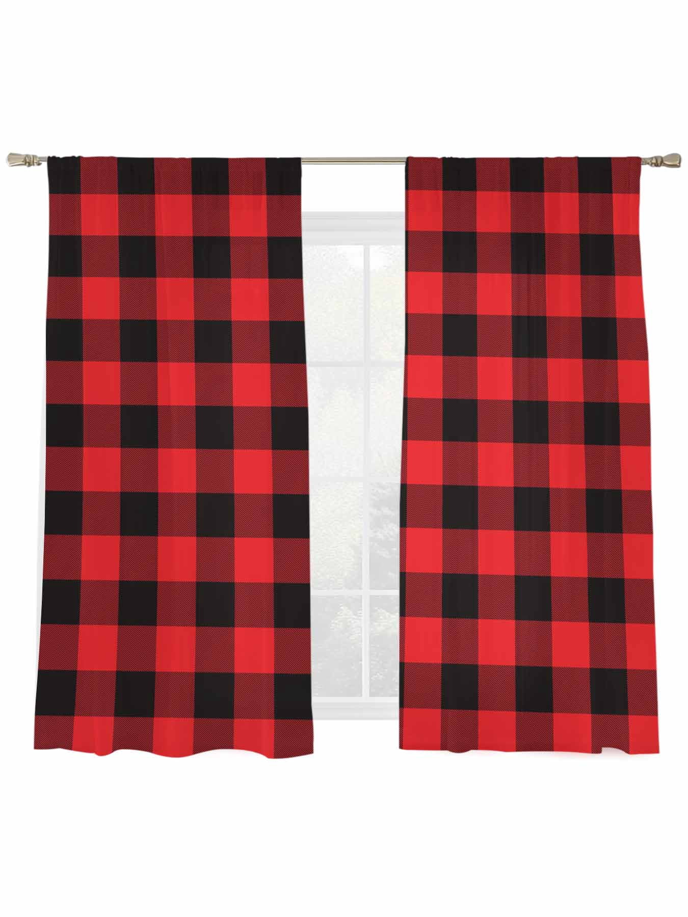 Red Black Buffalo Plaid Sheer Curtains 72 Inches Long 2 Panels Square Light Filtering Semi Sheer Window Curtains Drapes for Bedroom Living Room 52"x72"x2
