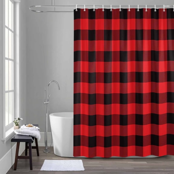 Red Black Buffalo Plaid Shower Curtain for Bathroom Decor, Square Waterproof Fabric Shower Curtain, 54"x78" Set with 12 Hooks