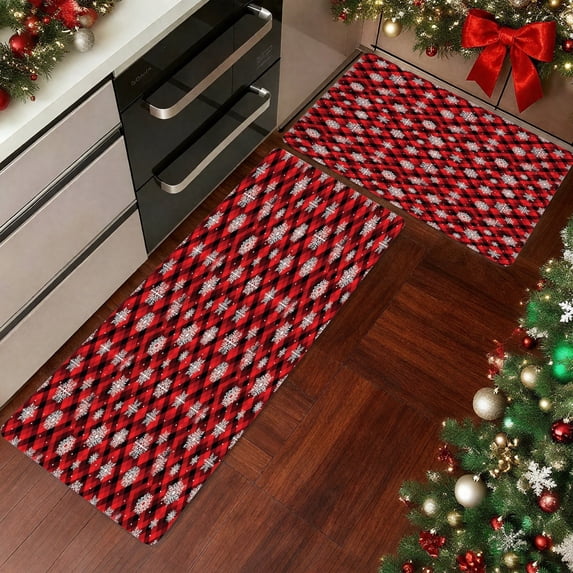 Red Black Buffalo Plaid Snowflake Kitchen Rugs Set of 2, Anti Slip Christmas Holiday Runner Mat for Kitchen Floor