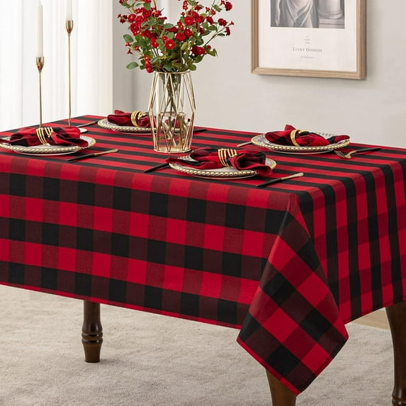 Red & Black Buffalo Plaid Tablecloth 60x84 Inch, Waterproof, Wrinkle Resistant, Washable Polyester Fabric, Perfect for Outdoor Picnic, Dinner, and Party Decor