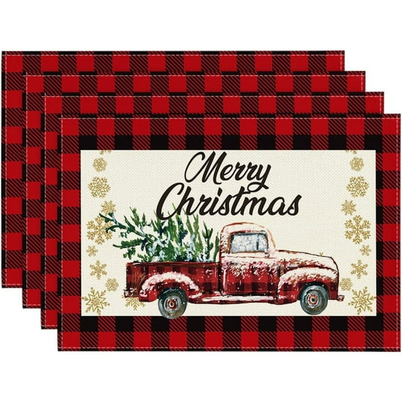 Red and Black Buffalo Plaid Truck Merry Christmas Placemats Set of 4, 12x18 Inch Seasonal Winter Xmas Holiday Table Mats for Party Kitchen Dining Decoration