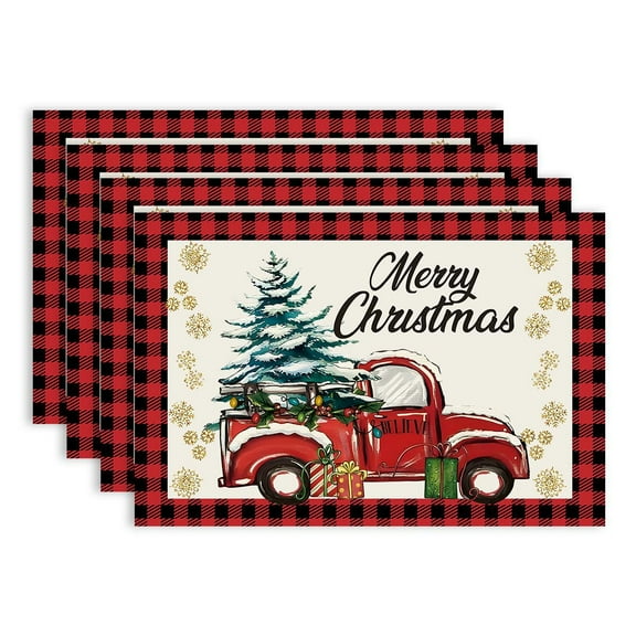 Red and Black Buffalo Plaid Truck Merry Christmas Placemats Set of 4, 12x18 Inch Seasonal Winter Xmas Holiday Table Mats for Party Kitchen Dining Decoration