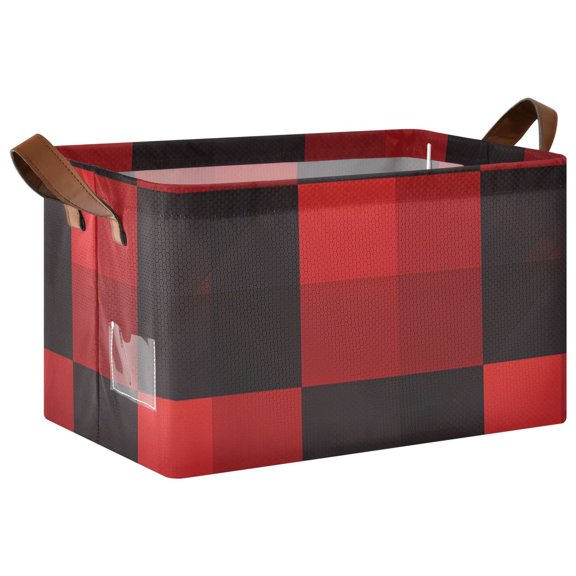 Red Black Check Pattern Collapsible Storage Bin Open Home Shelf Basket Water-Resistant Iron Frame Large