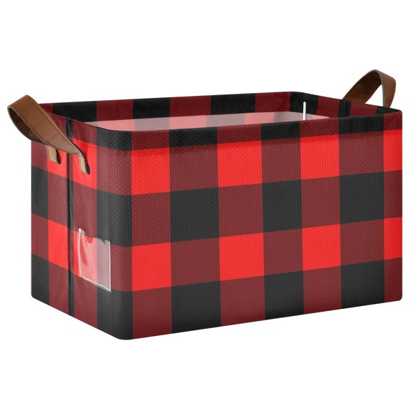 Red Black Check Pattern Collapsible Storage Bin Open Home Shelf Basket Water-Resistant Iron Frame Large