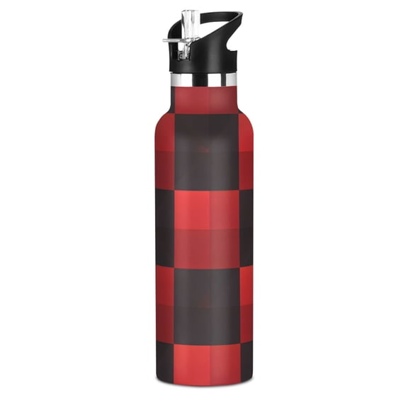 Red Black Check Pattern Sport Water Bottle for Kids Insulated with Straw for School Outdoor Daily Use