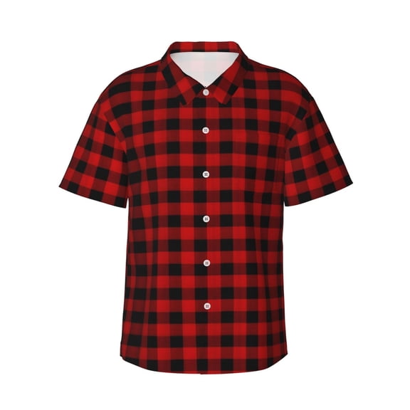 Red Black Check Plaid Hawaiian Shirts For Men, Summer Short-Sleeve Relaxed-Fit Button-Down Shirts Small