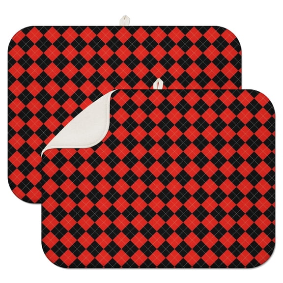 Red Black Checkerboard Checkered Pattern Dish Drying Mat for Kitchen 1 Pack, Ultra Absorbent Microfiber Dishes Drainer Mats,18"x24"