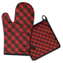 Red Black Checkerboard Checkered Pattern Kitchen Oven Mitt and Pot Holder Sets 2 Pcs for Baking, Cooking and Grilling, Heat Resistant Up To 392 °F
