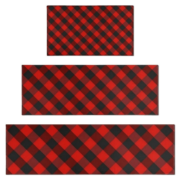 Red Black Checkerboard Checkered Pattern Kitchen Rugs Sets Of 3,Kitchen Runner Rugs Non Skid Washable,Decorative Kitchen Floor Mats for Kitchen,Sink,Laundry,17"x30"+ 17"x47" + 17"x59"