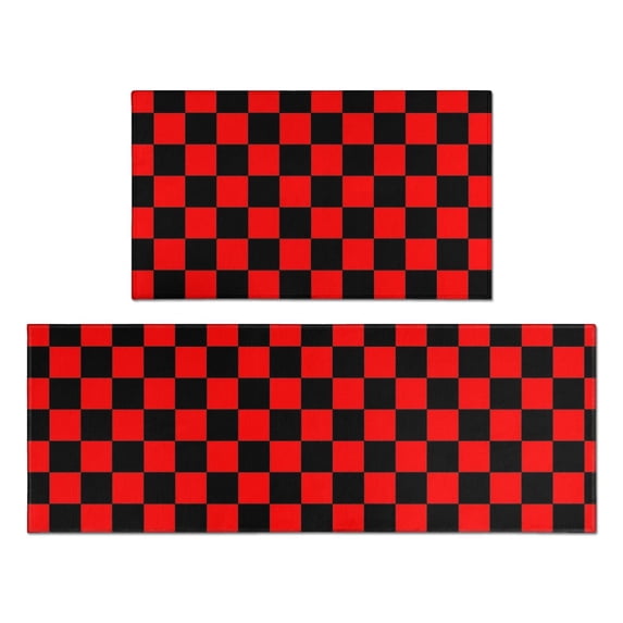 Red and Black Checkered Pattern Anti Fatigue Kitchen Rugs Set Of 2, Non Slip Washable Decorative Floor Mats for Kitchen Sink Laundry, 17"x30" and 17"x47"