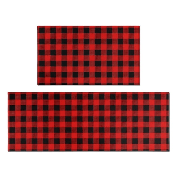 Red and Black Checkered Pattern Anti Fatigue Kitchen Rugs Set Of 2, Non Slip Washable Decorative Floor Mats for Kitchen Sink Laundry, 17"x30" and 17"x47"