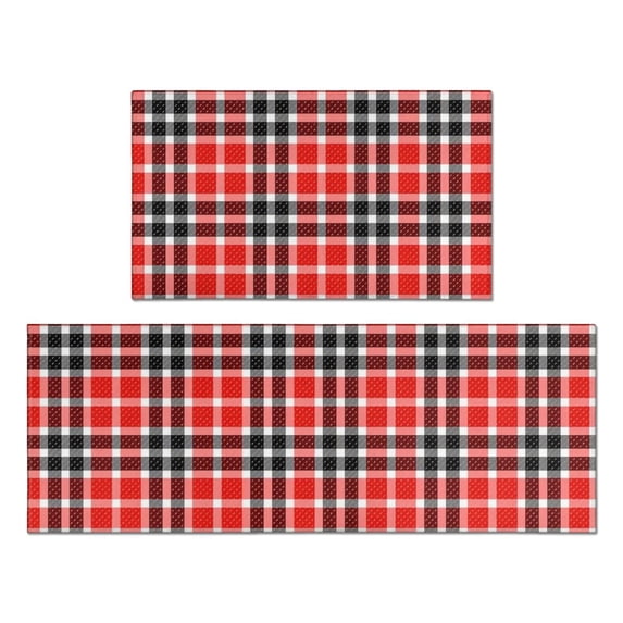 Red and Black Checkered Pattern Anti Fatigue Kitchen Rugs Set Of 2, Non Slip Washable Decorative Floor Mats for Kitchen Sink Laundry, 17"x30" and 17"x47"